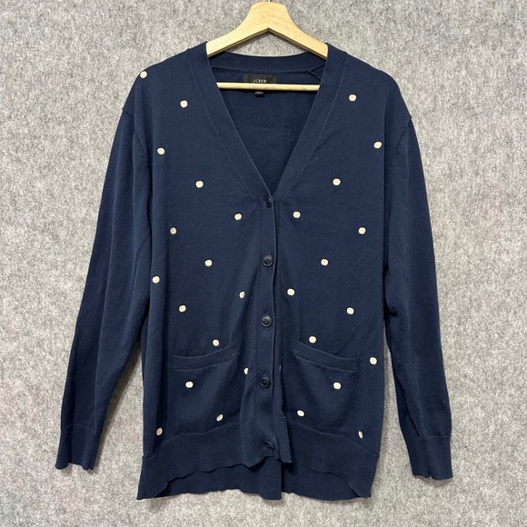 J. Crew Sweaters - J Crew Womens Navy Blue Polka Dot Button Up Cardigan Sweater Size L